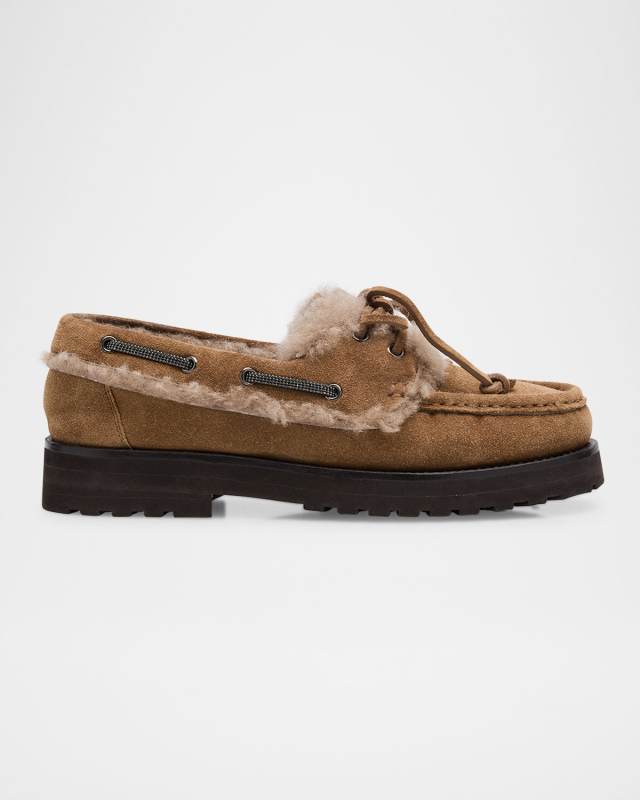 Monili Detail Shearling-Lined Suede Boat Shoes